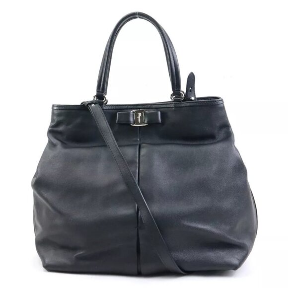 Auth Salvatore Ferragamo Vara Ribbon Handbag Shoulder Bag Black Leather h30837g - Picture 1 of 14